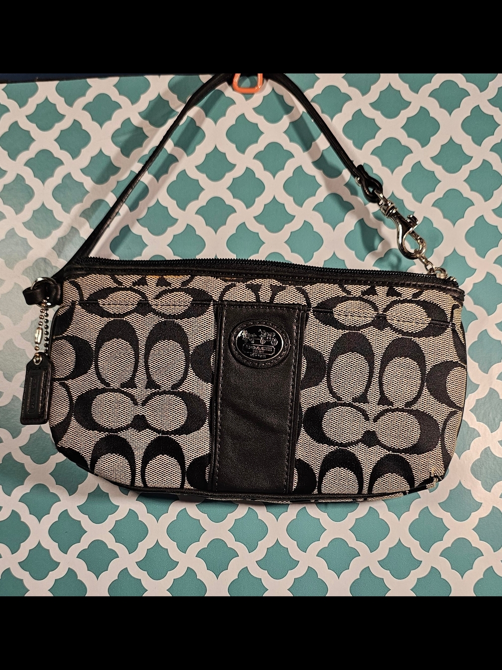 Coach Signature Black/Grey Wristlet Zip Pouchette with Wrist Strap